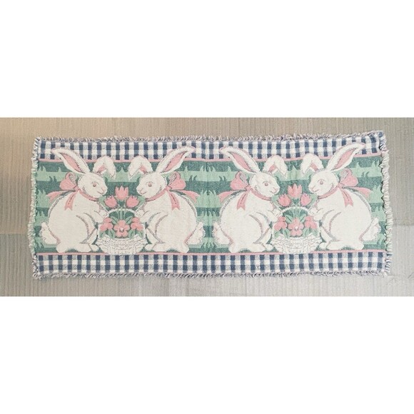 VTG Easter Woven Placemats & Runner Set Tulips Bunny Fringe Lot of 5 - Picture 3 of 12